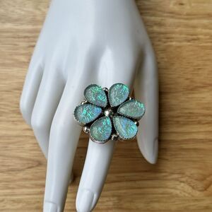 AR Yazzie Navajo Floral Ring Sterling Silver 6.25 Foil‎ Opal Glass 17.2g Signed